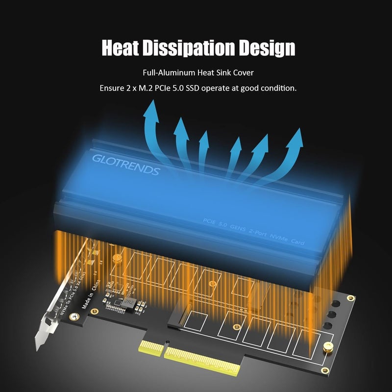 GLOTRENDS PA52L Dual M.2 NVMe to PCIe 5.0 X8 Adapter Without PCIe Bifurcation, Setup Soft M.2 NVMe RAID via OS Tool (PCIe Bifurcation Motherboard is Required) - Image 5